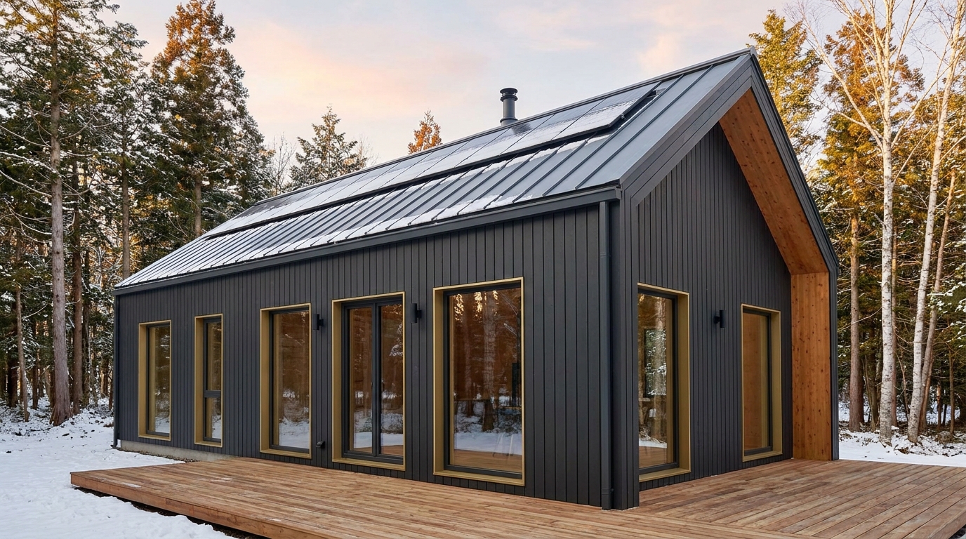 霧の小屋 外観 — AI render based on BIM specs