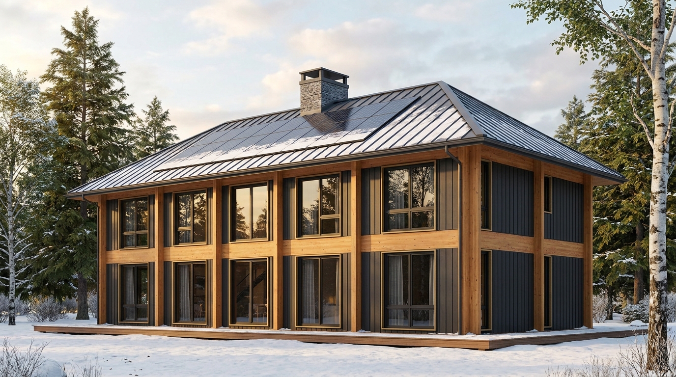 霧の小屋 外観 — AI render based on BIM specs