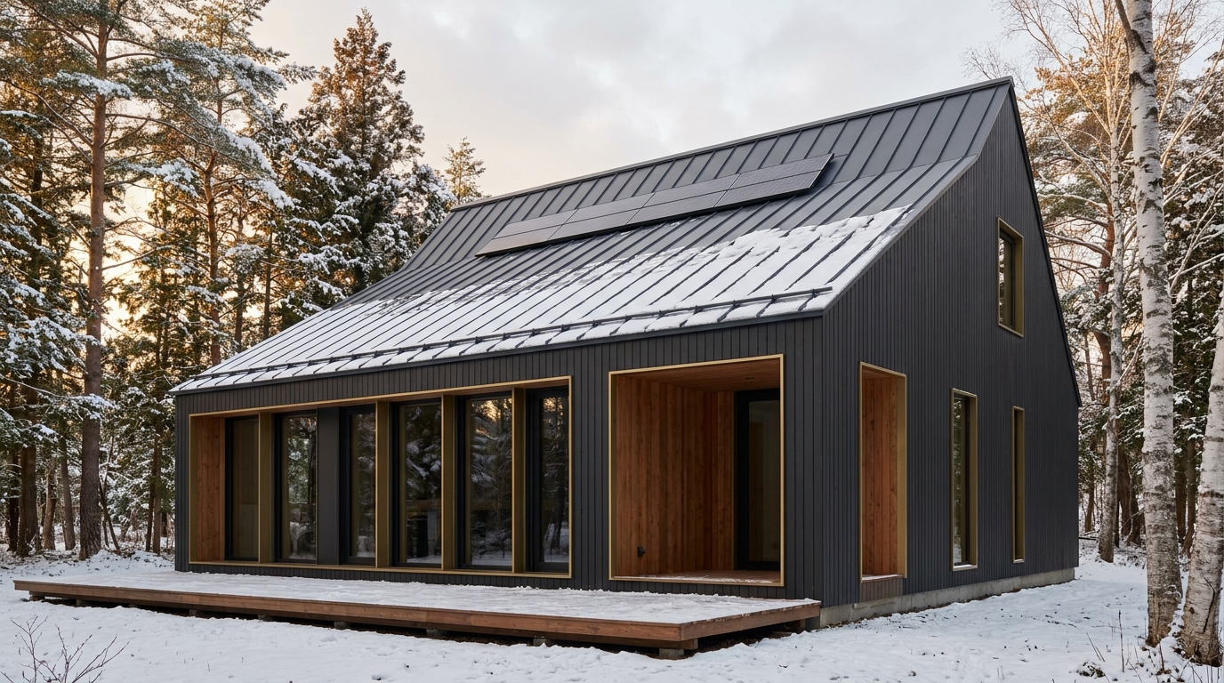 霧の小屋 外観 — AI render based on BIM specs