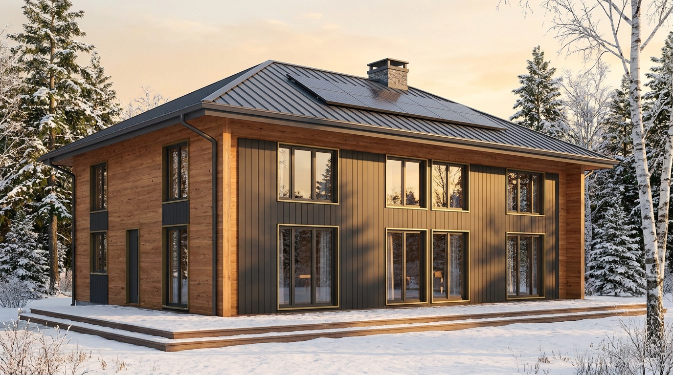 雪の家 外観 — AI render based on BIM specs