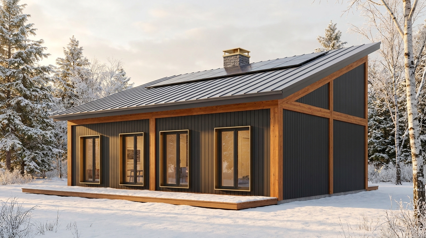 雨の小屋 外観 — AI render based on BIM specs