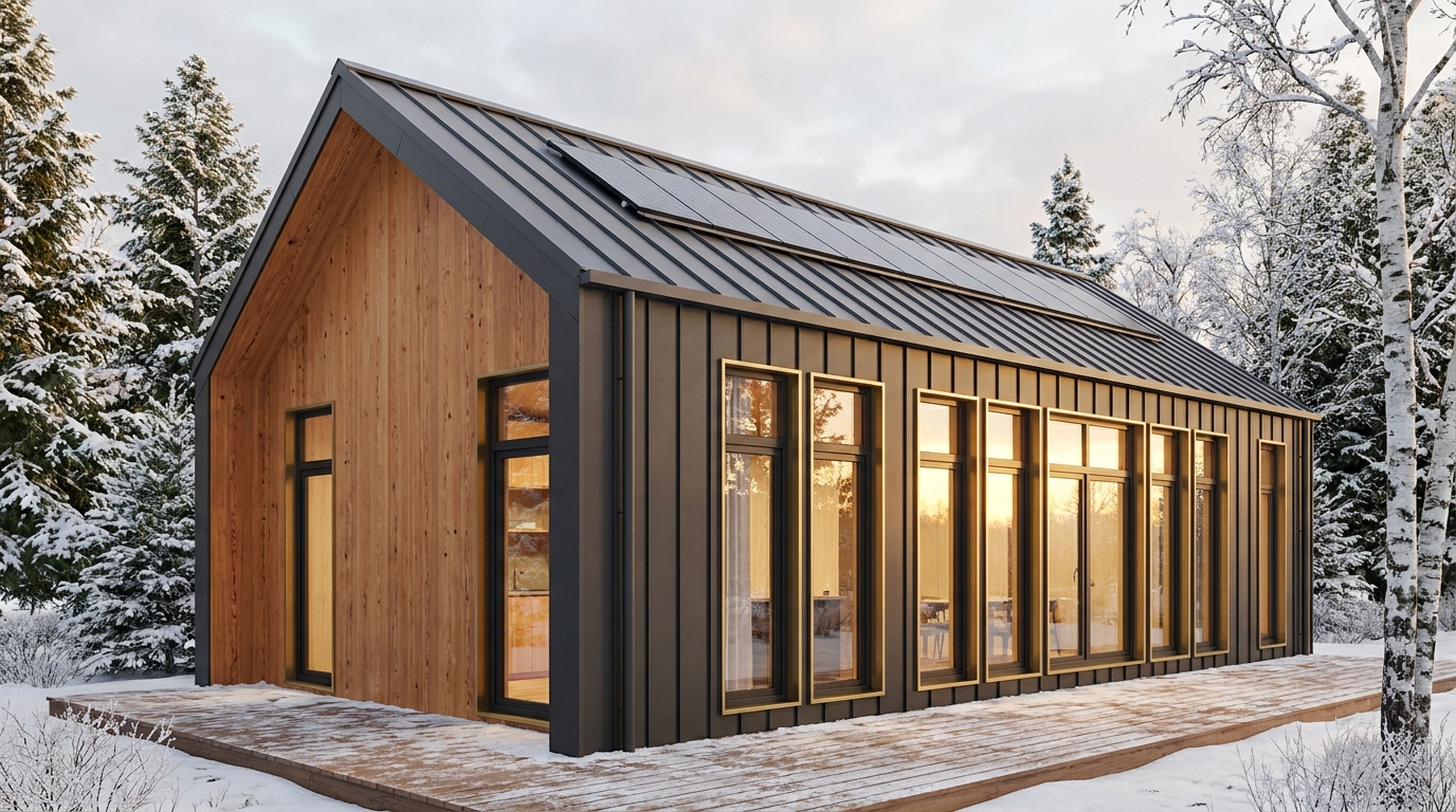 雪の庵 外観 — AI render based on BIM specs