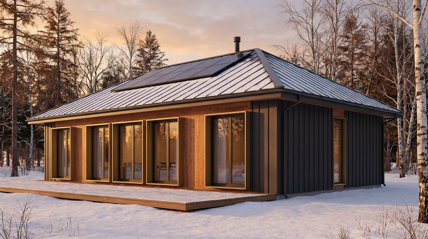 雪の小屋 外観 — AI render based on BIM specs