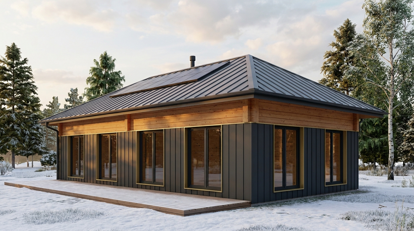 雨の小屋 外観 — AI render based on BIM specs