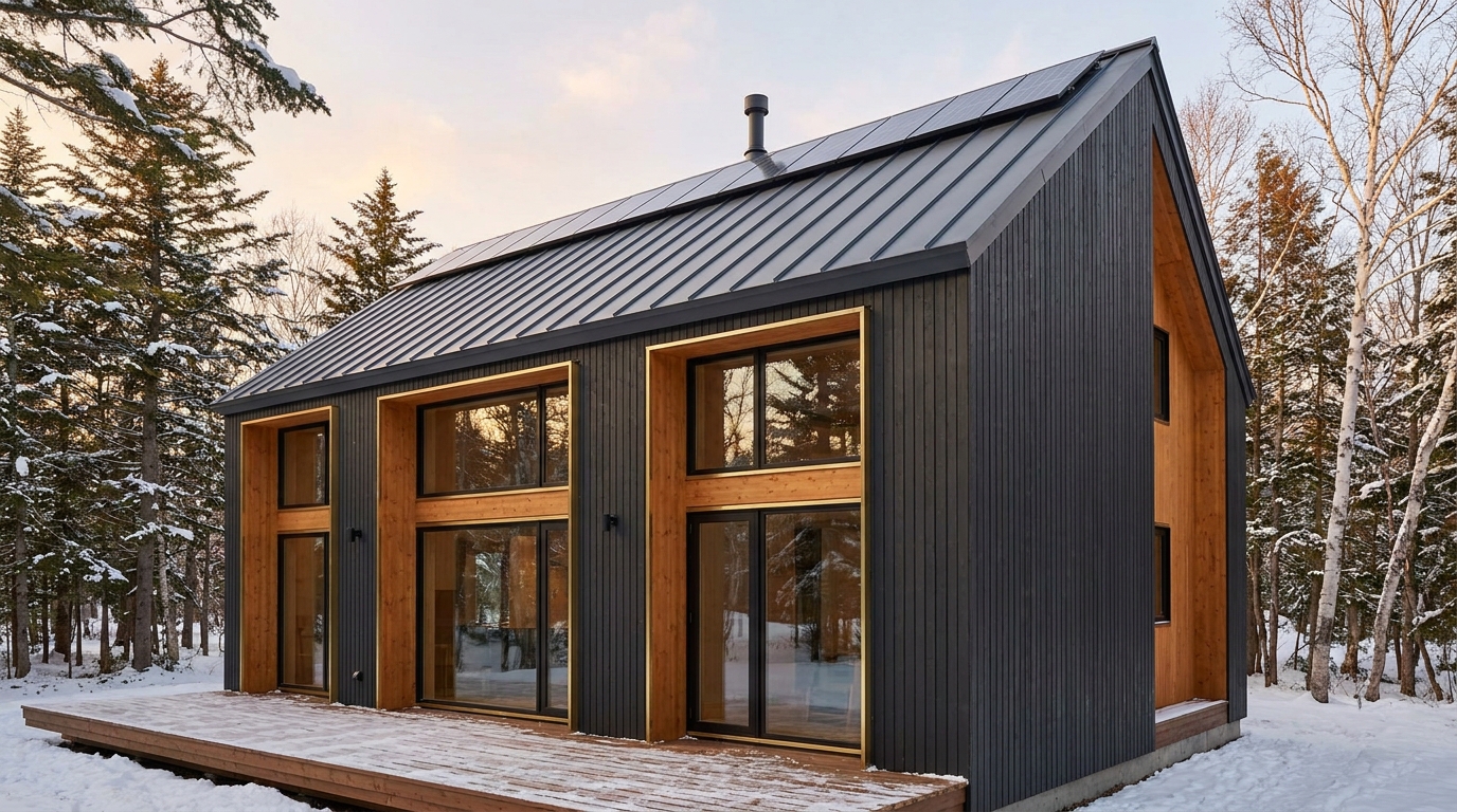 雪の小屋 外観 — AI render based on BIM specs