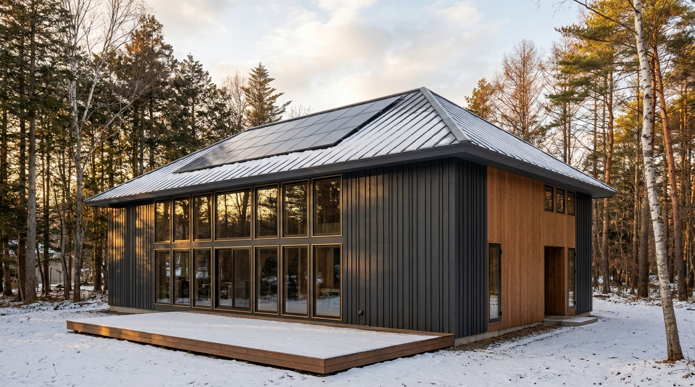 陽の小屋 外観 — AI render based on BIM specs