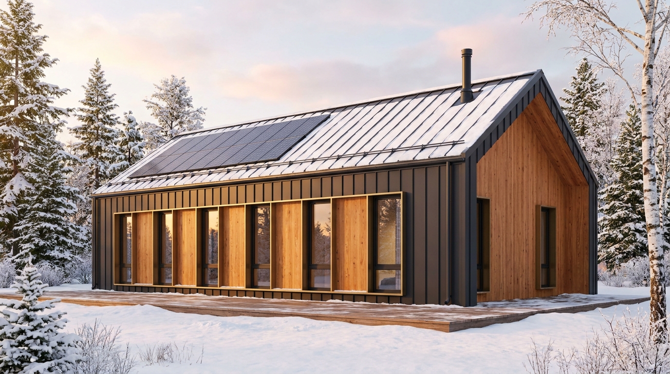 霜の庵 外観 — AI render based on BIM specs