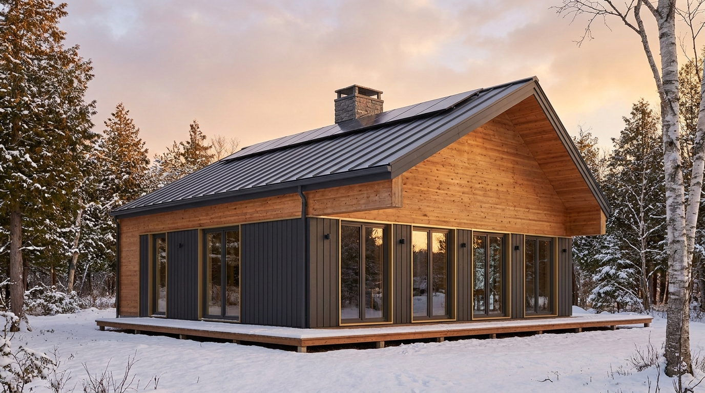 霧の小屋 外観 — AI render based on BIM specs
