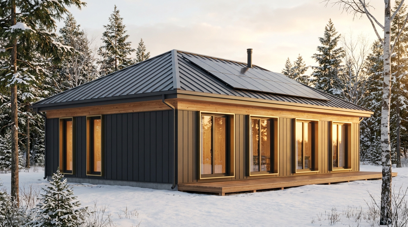 霜の小屋 外観 — AI render based on BIM specs