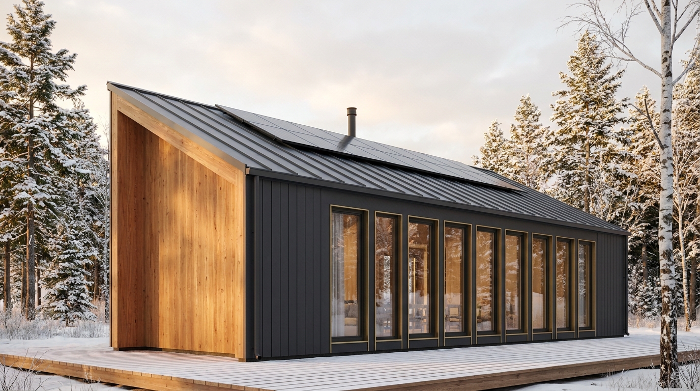 霜の小屋 外観 — AI render based on BIM specs