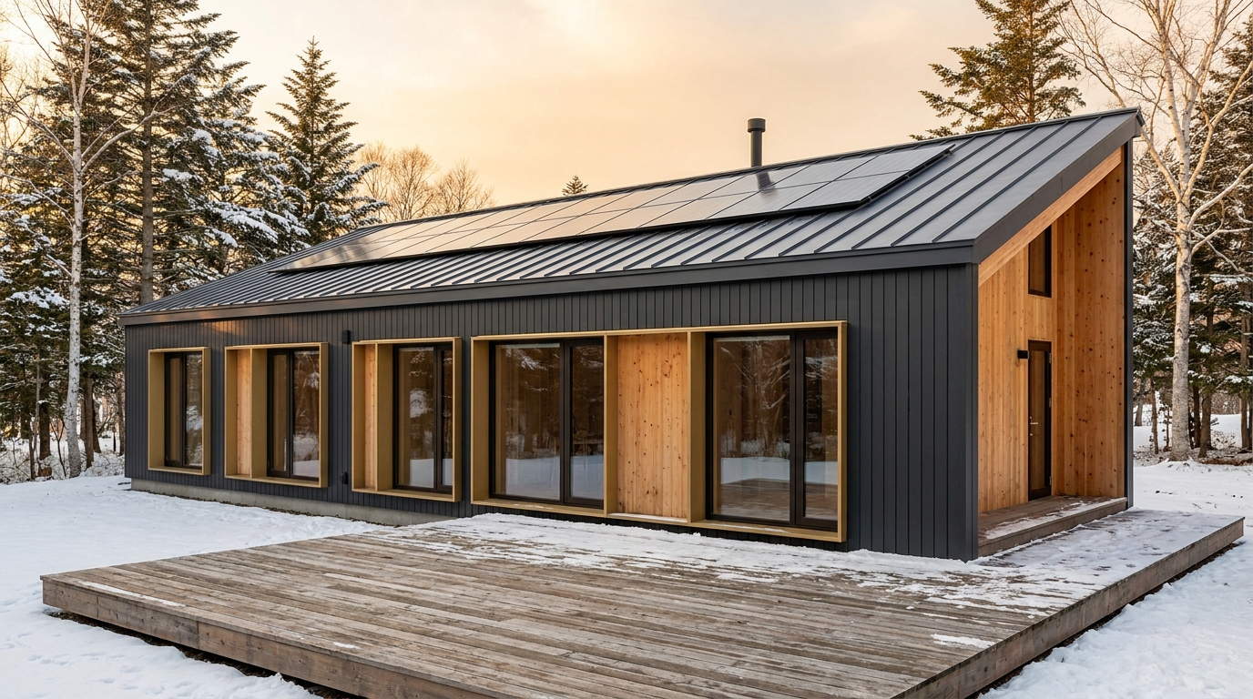 湖の小屋 外観 — AI render based on BIM specs