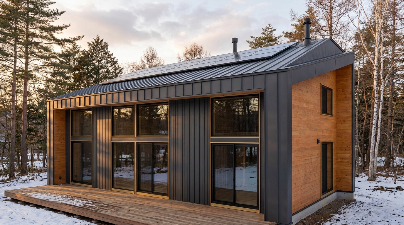 森の小屋 外観 — AI render based on BIM specs