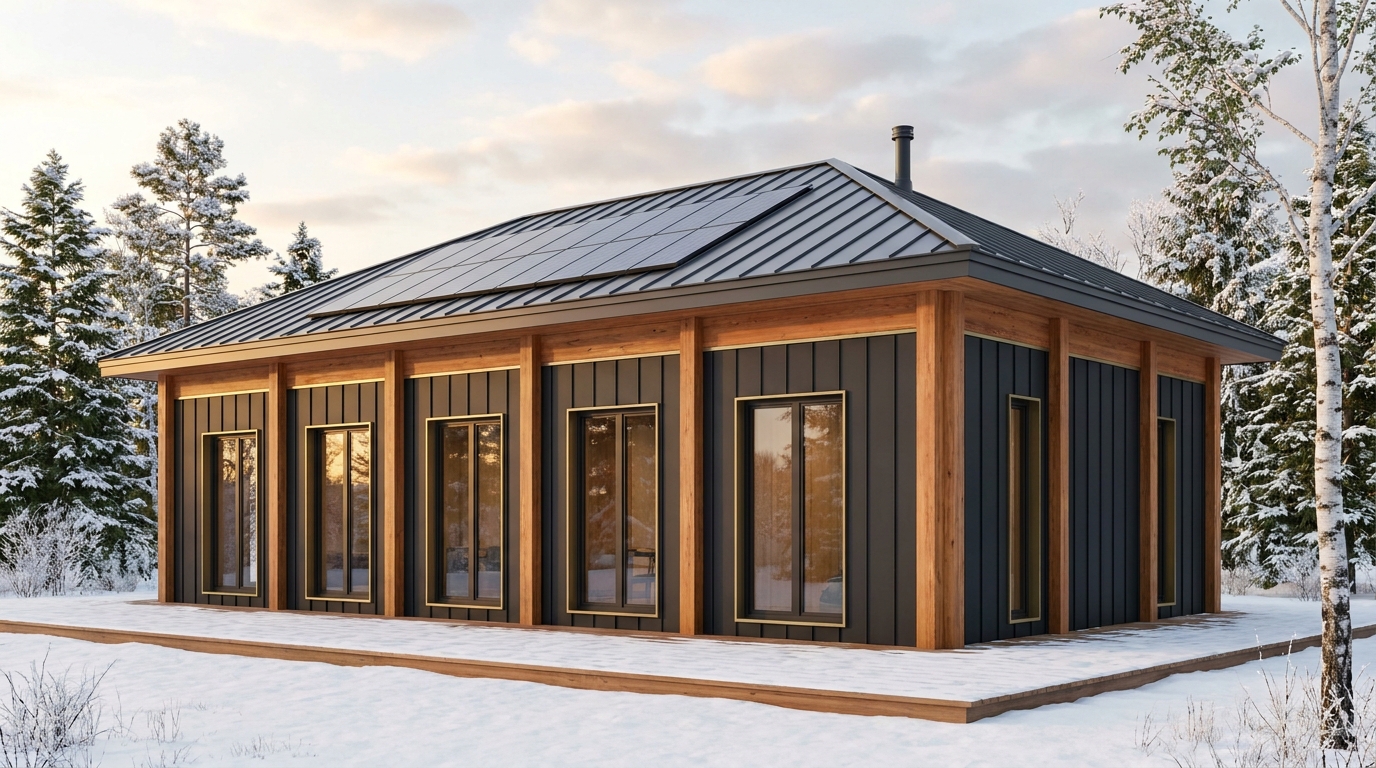 雨の小屋 外観 — AI render based on BIM specs