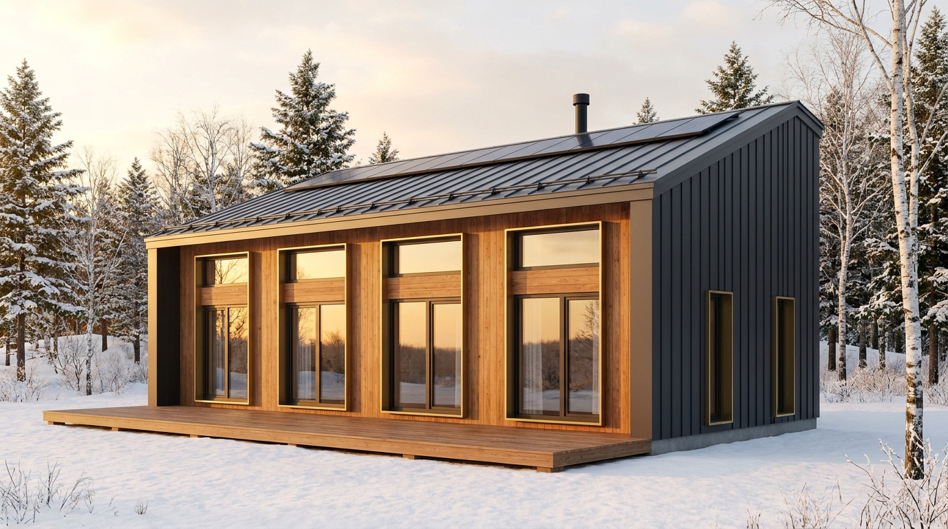 霜の小屋 外観 — AI render based on BIM specs