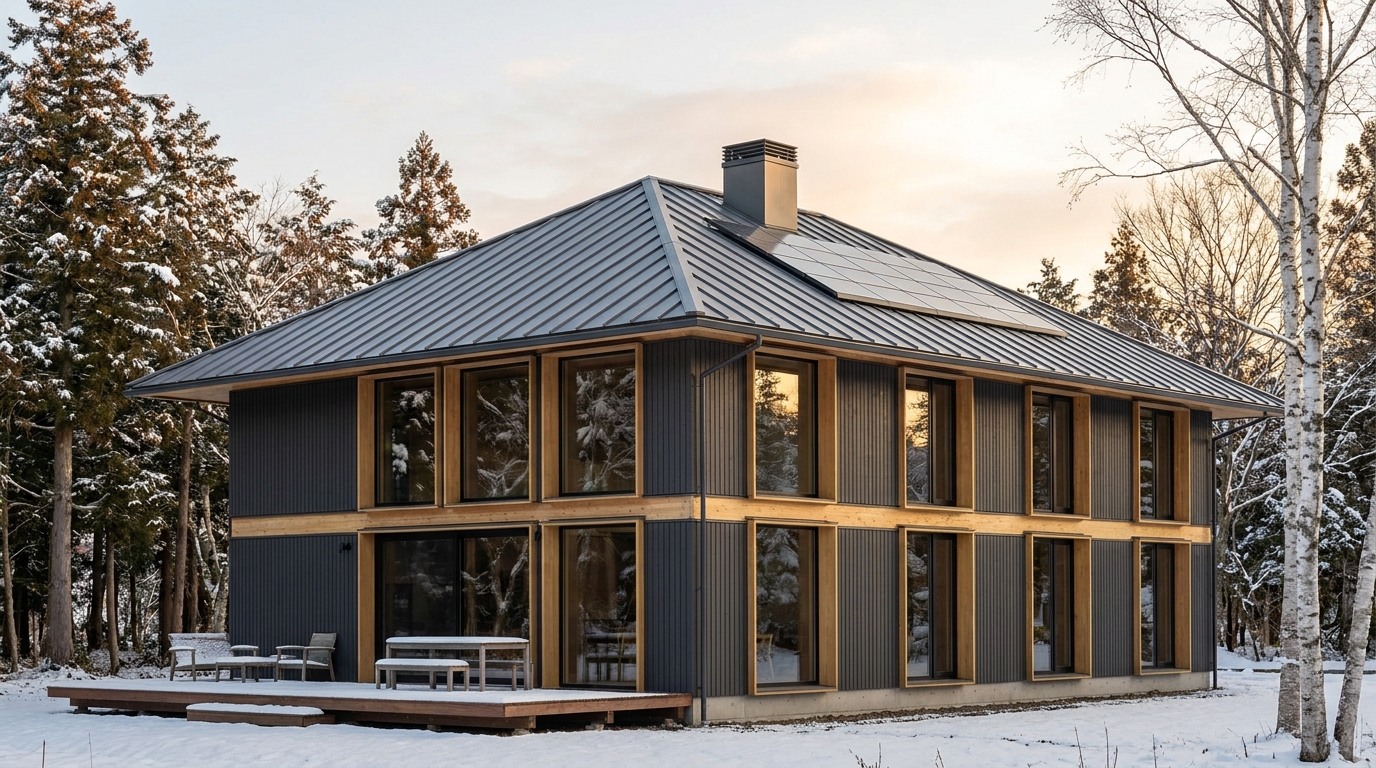 雪の庵 外観 — AI render based on BIM specs