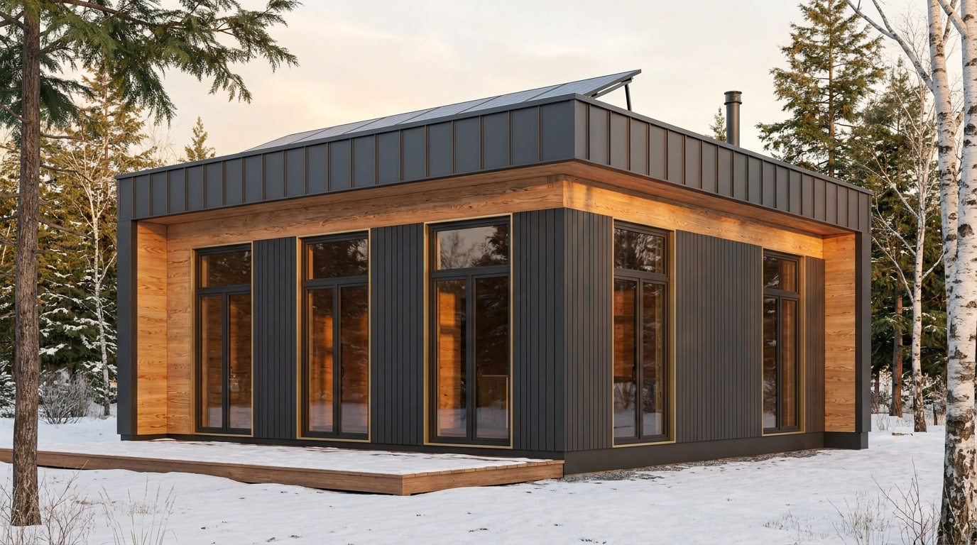 雨の小屋 外観 — AI render based on BIM specs