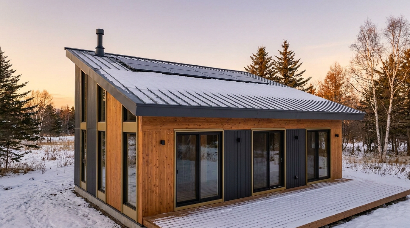 雪の小屋 外観 — AI render based on BIM specs