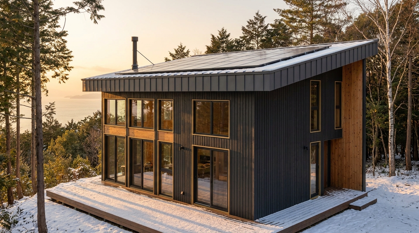 雪の小屋 外観 — AI render based on BIM specs
