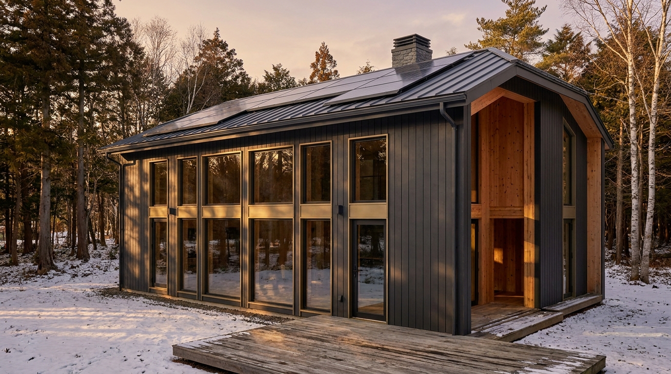 霧の小屋 外観 — AI render based on BIM specs