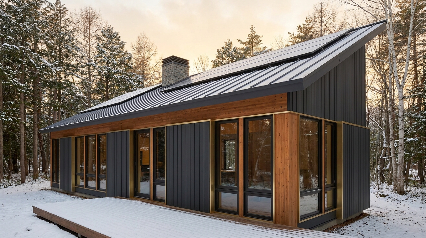 雪の小屋 外観 — AI render based on BIM specs