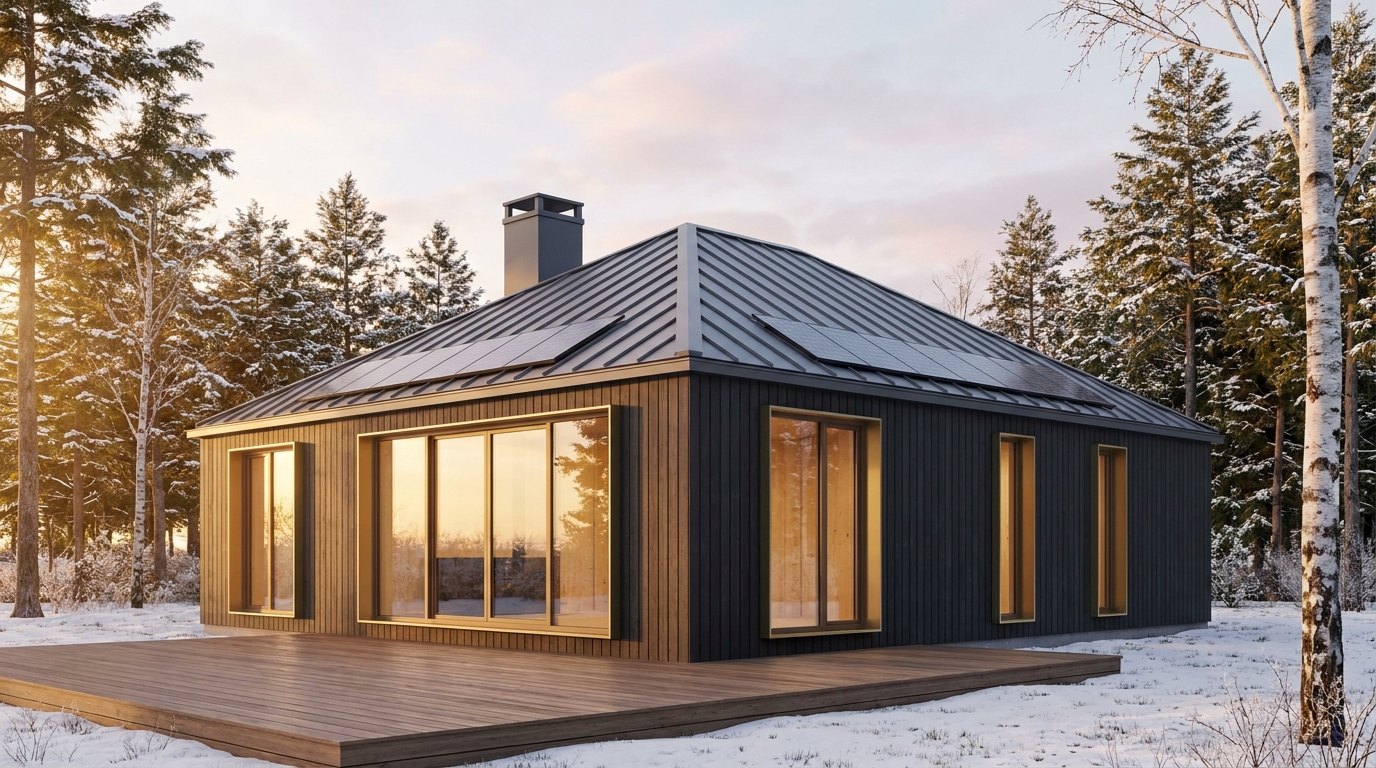 湖の庵 外観 — AI render based on BIM specs