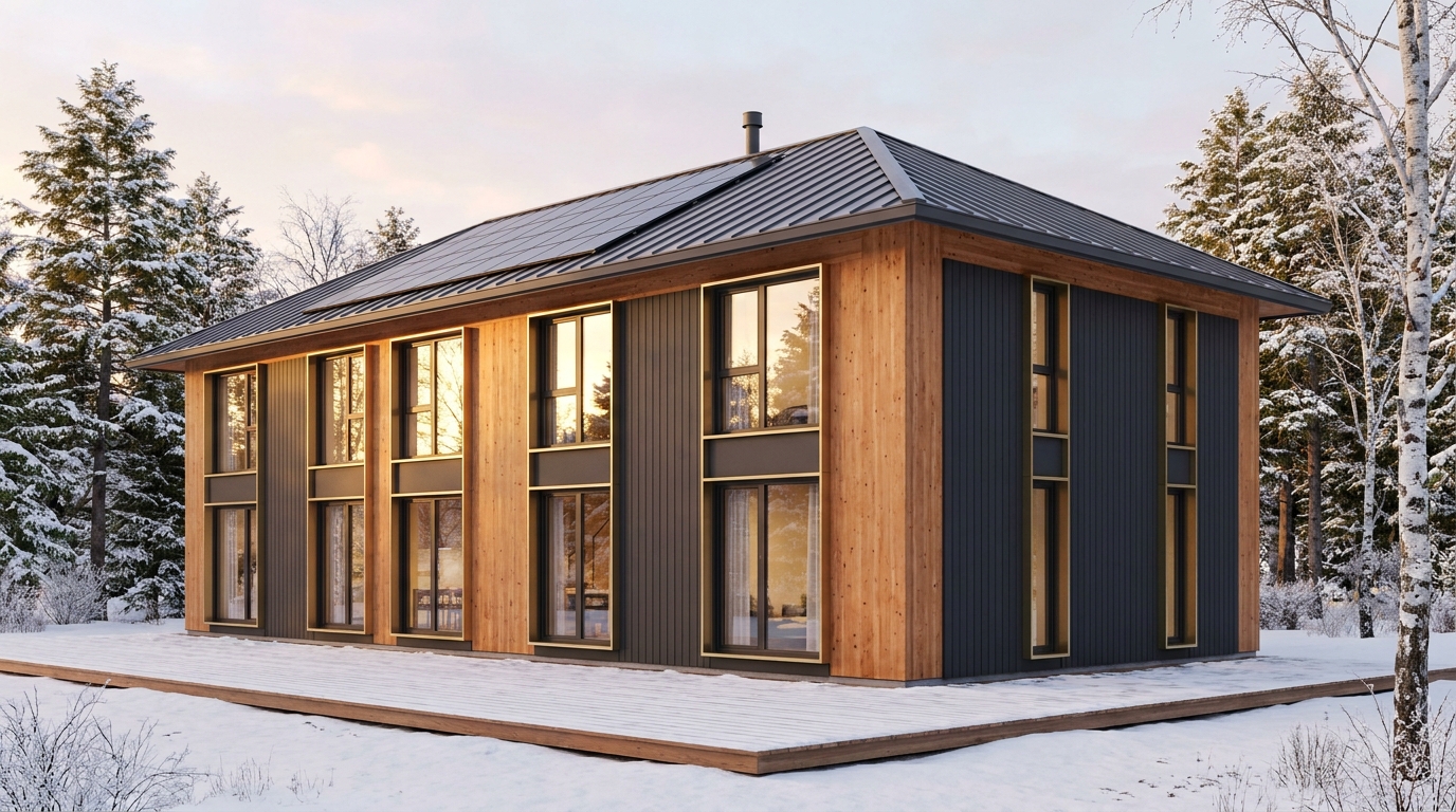 霧の小屋 外観 — AI render based on BIM specs