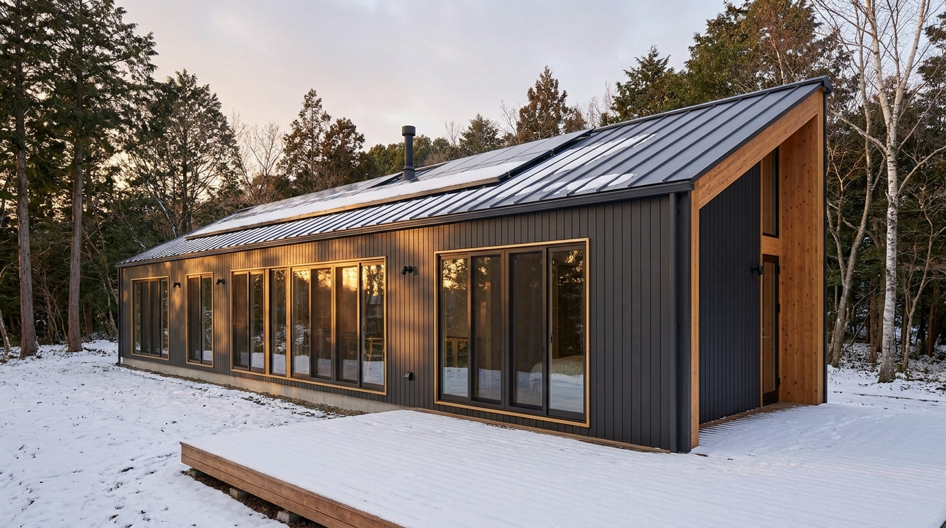 雪の小屋 外観 — AI render based on BIM specs