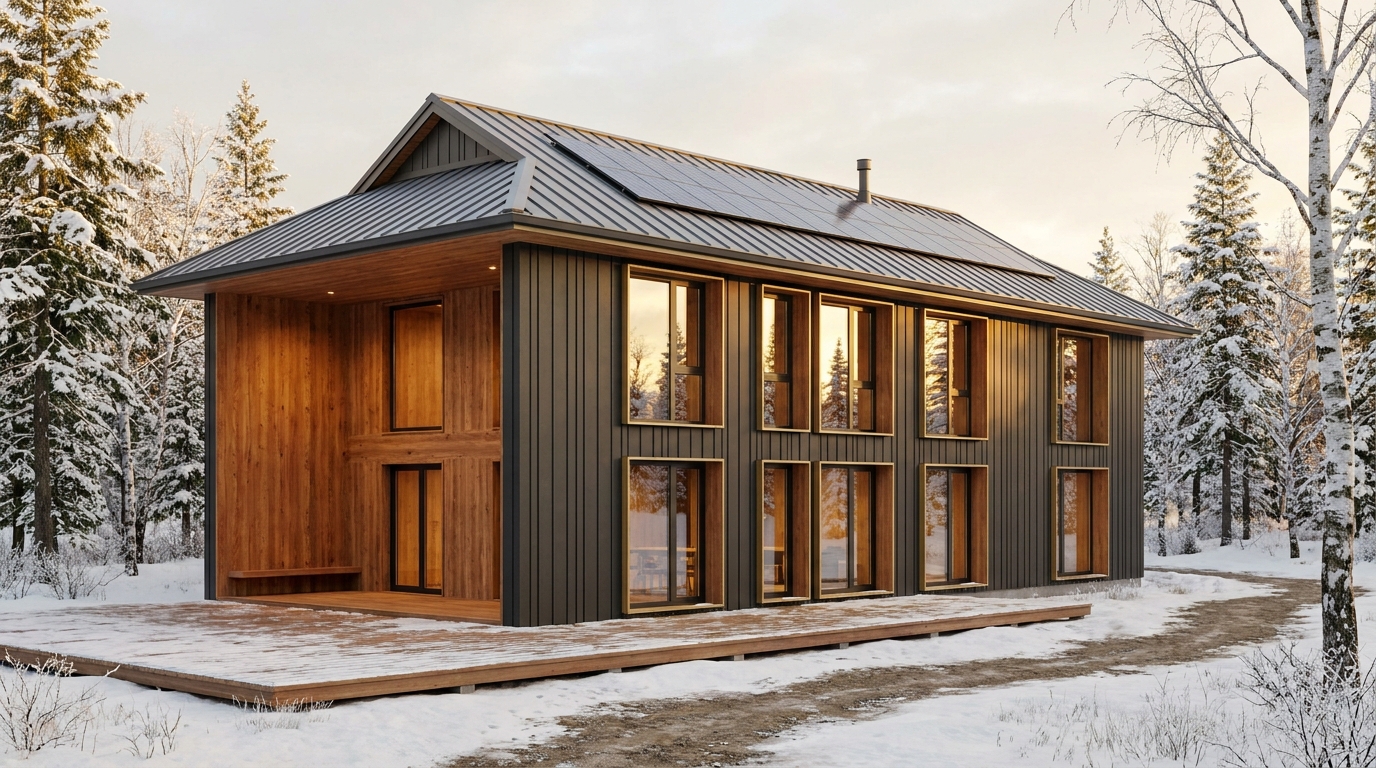 雪の小屋 外観 — AI render based on BIM specs