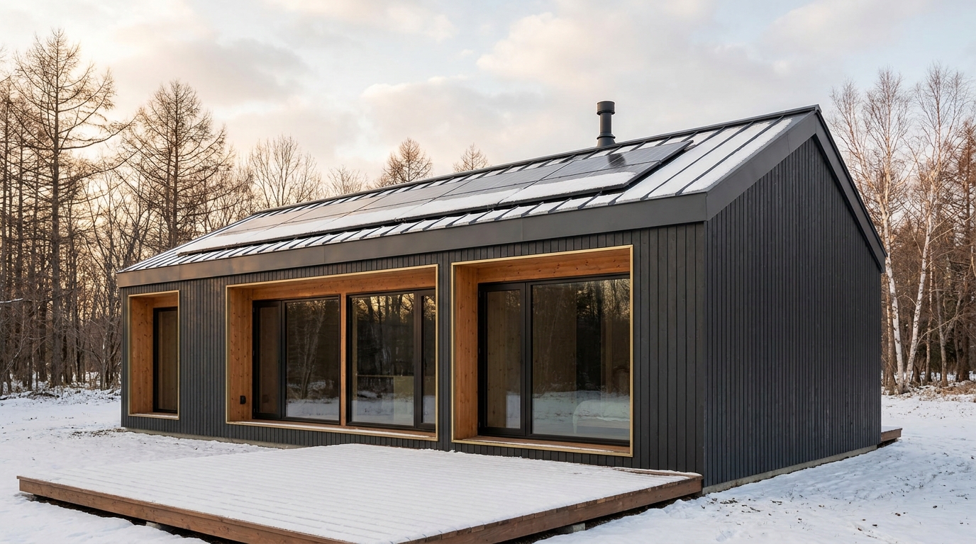 雪の庵 外観 — AI render based on BIM specs