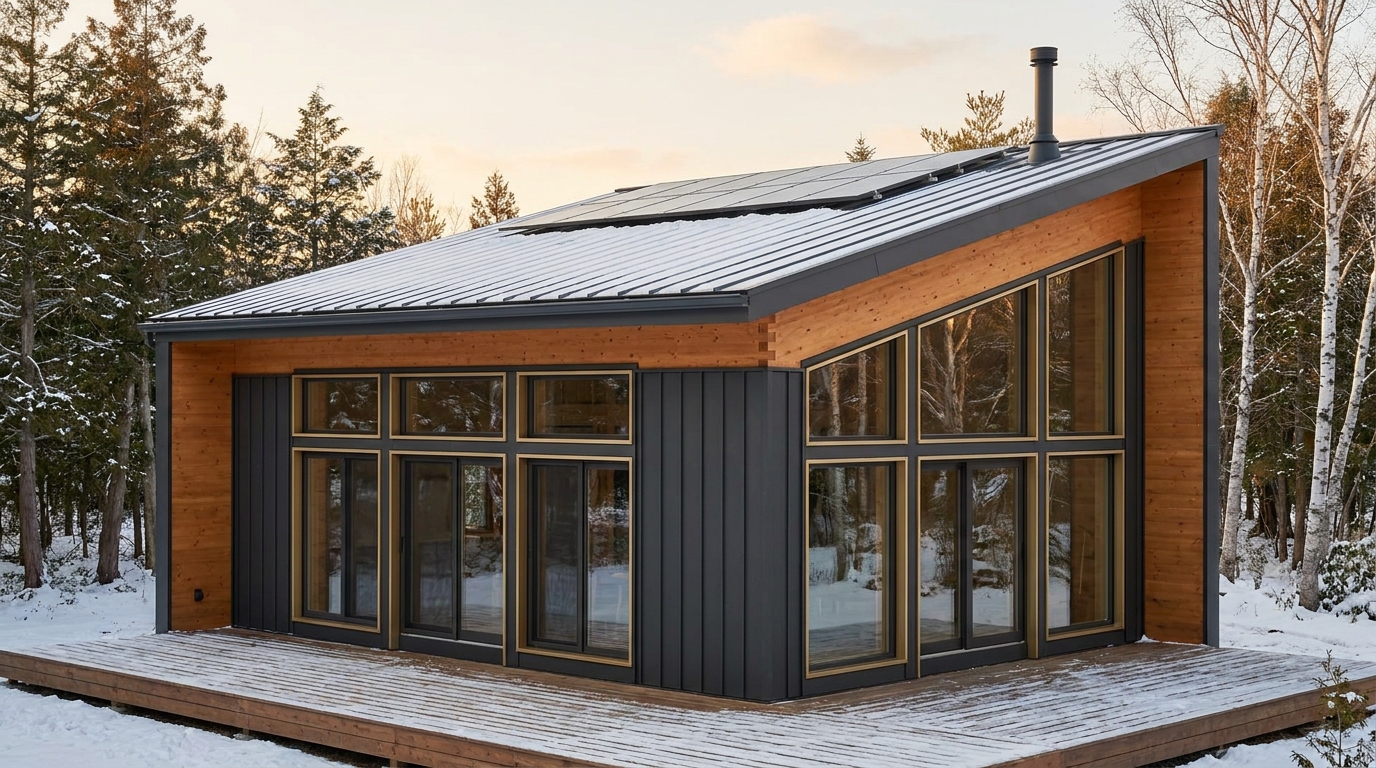 雪の小屋 外観 — AI render based on BIM specs