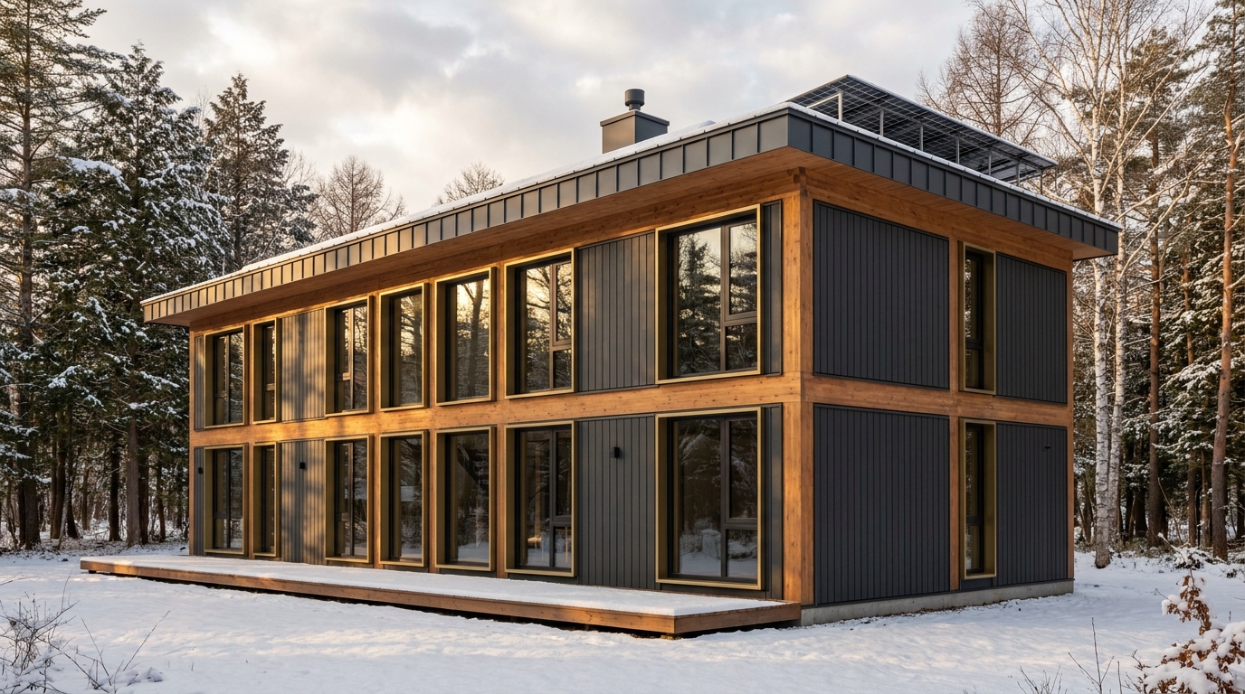 雪の小屋 外観 — AI render based on BIM specs