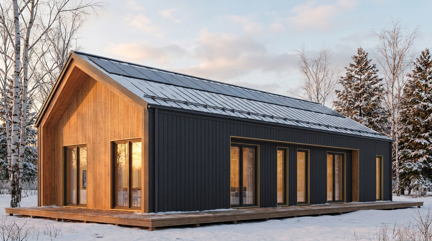 雪の小屋 外観 — AI render based on BIM specs