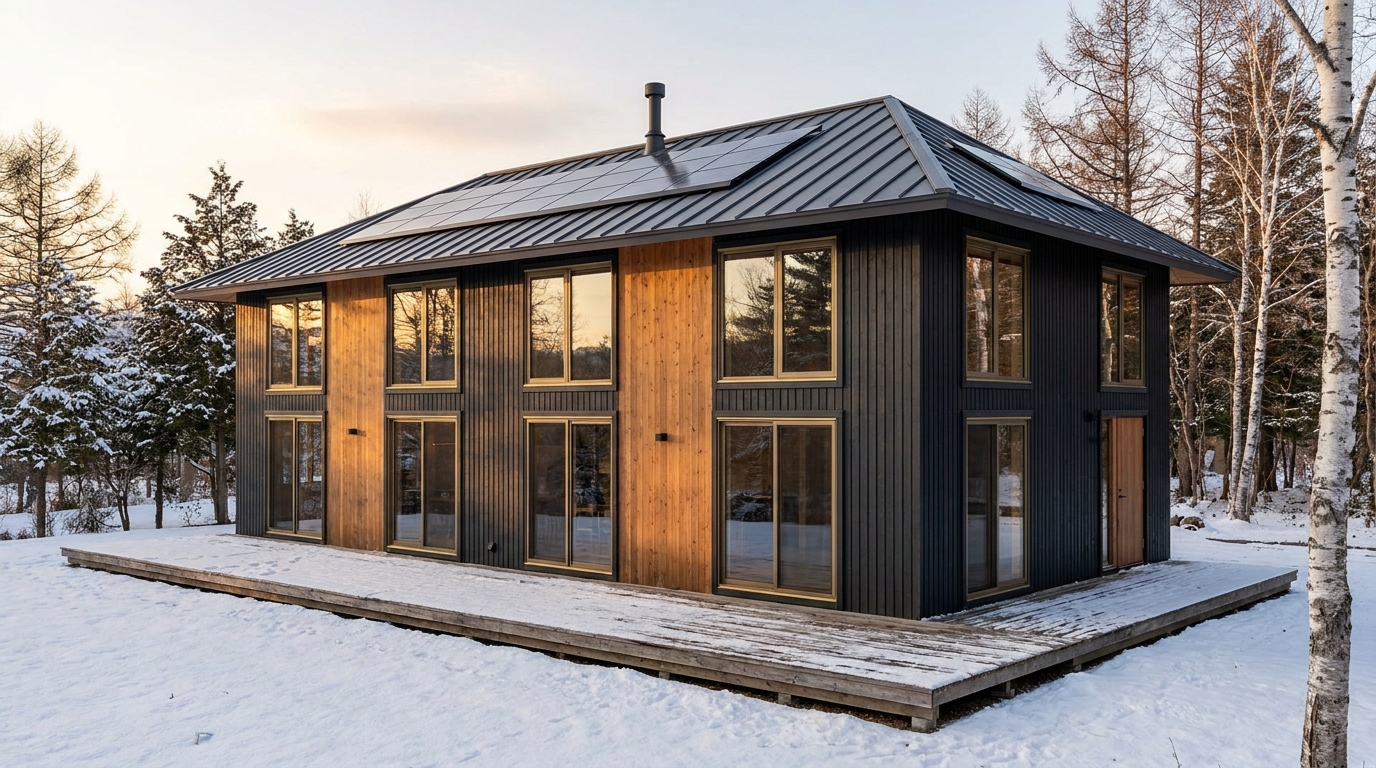 雪の庵 外観 — AI render based on BIM specs