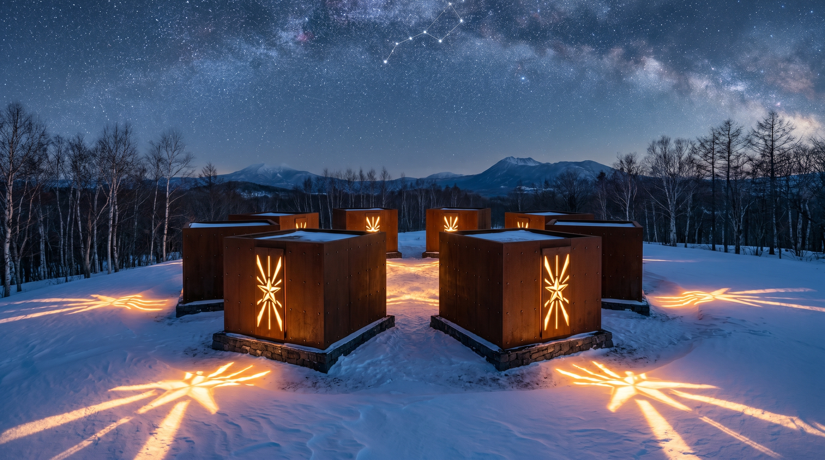 Night view — Hokushin laser-cut apertures projecting onto snow
